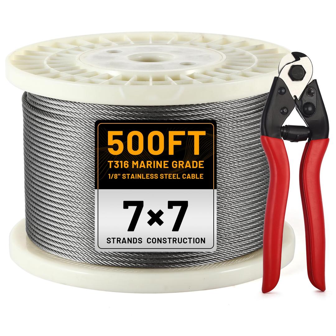 500FT 1/8" Stainless Steel Cable with a Cutter, T316 Wire Rope Cable for Deck Cable Railing Kit, 1850 lb Breaking Strength, 7x7 Strands Aircraft Cable for Stair Fence Deck Railing, Silver