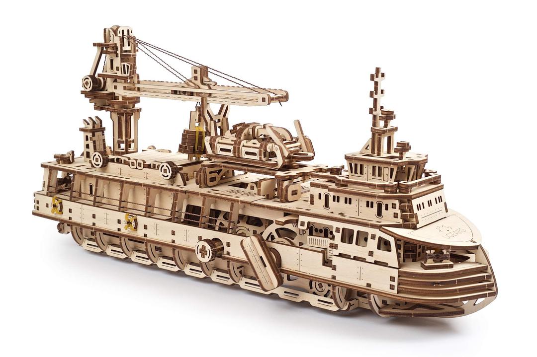 UGears Research Vessel - DIY Model Ship 3D Puzzles for Adults - Wooden Model Ship Building Kits - Unique and Creative Mechanical Models to Build - Wooden Ship Model Gift Kit