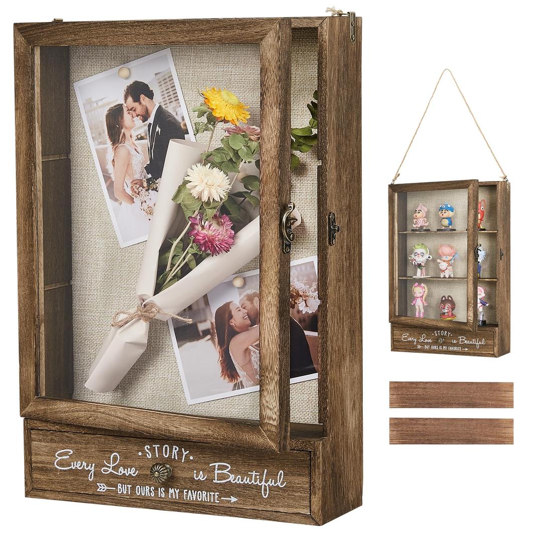 AW BRIDAL 11X16 Large Shadow Box Picture Frames Deep Shadow Boxes Display Cases with Removable Shelves and Drawers, Brown Wooden Memory Boxes for Keepsakes with Slot