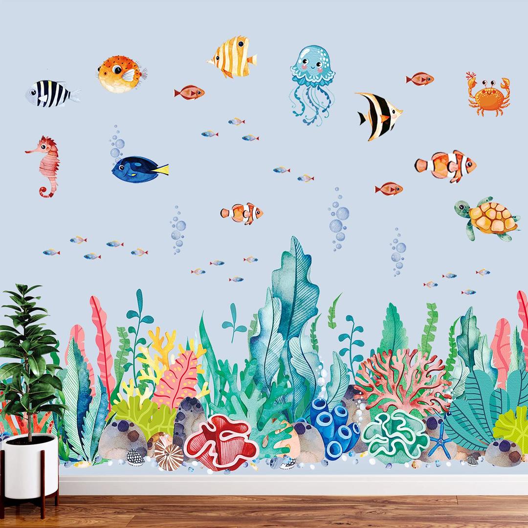 2 Sheets Large Under The Sea Wall Decals Ocean Creature Sea Life Stickers Removable Seaweed Sea Turtle Jellyfish Fish Ocean Grass Decor for Kids Baby Nursery Bedroom Playroom Bathroom Living Room