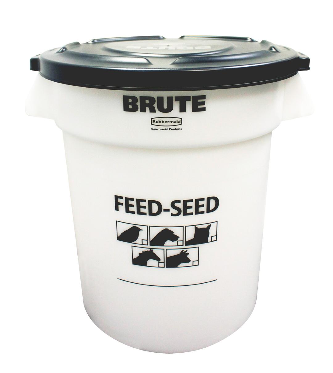 Rubbermaid Commercial Products BRUTE Container with Lid 20 Gal Feed/Seed White, for Bird/Animal/Pet Food