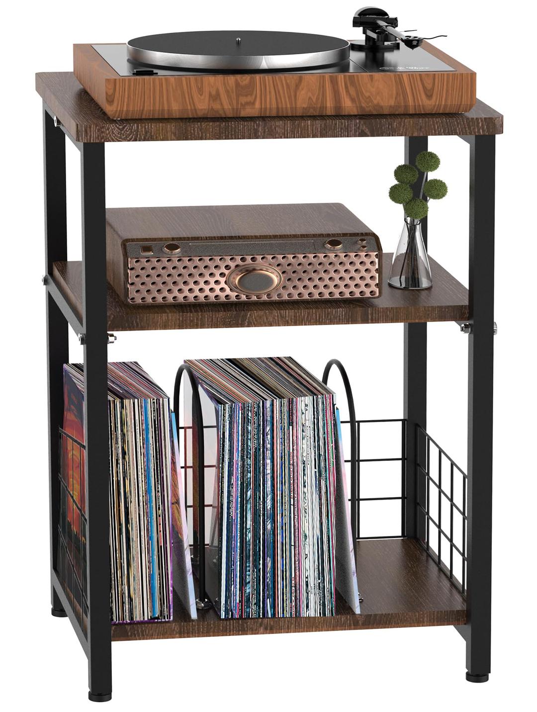 Record Player Stand, 3 Tier End Side Table with Vinyl Record Storage Basket, Turntable Table up to 100 Albums Record Shelf Display Holder Cabinet for Living Room, Bedroom, Office