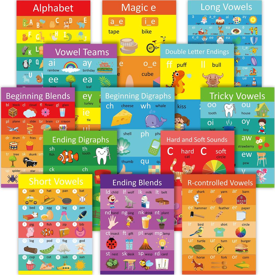 13 Pcs Phonics Posters English Language Arts Charts Learning Posters for Toddler Kids Vowels Alphabet Posters Chart Phonics Blending Chart Blends and Digraphs Chart for Classroom Wall Bulletin Board