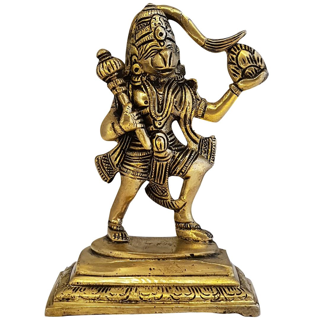 Divya Mantra Sri Hanuman Idol For Home Puja Room Decor Pooja Mandir Decoration Items Living Room Showpiece Decorations Office Hanumanji Lifting Parvat Indian Temple Murti Idols God Statue Brass - Gold