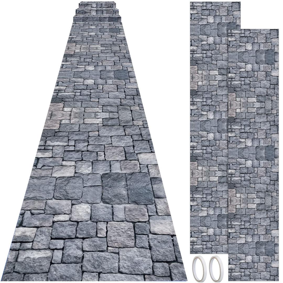 Fabbay 2 Pack 10ft Cobblestone Aisle Runners Medieval Party Decorations Polyester Brick Stone Printed Floor Runners for Medieval Castle Knight Themed Party Supplies Halloween Castle Table Cover