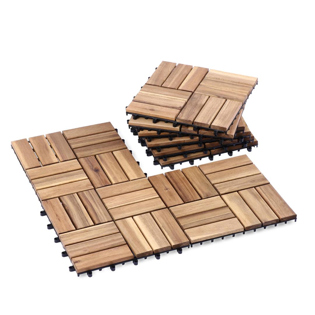 Acacia Wood Flooring Interlocking Deck Tiles for Patio Decor 9 Pcs 12 Slats - Waterproof Indoor & Outdoor Decor - Balcony Garden Decking Tile (11,81 * 11,81 * 0,94 Inches)