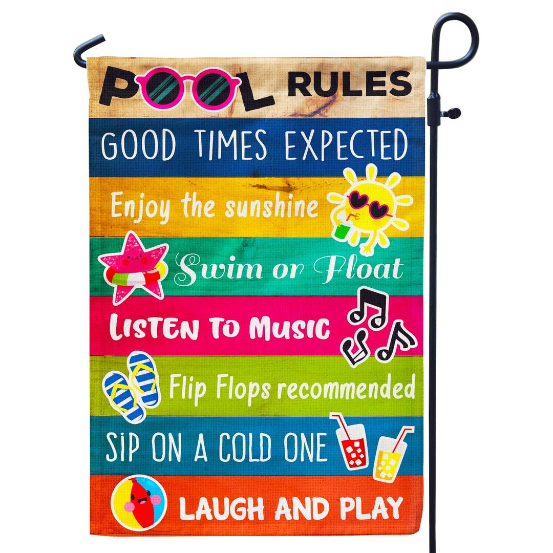 Pools Rules Garden Flag,Summer Pool Decoration Flag for Outside Outdoor 12x18Inch Double Sided Burlap