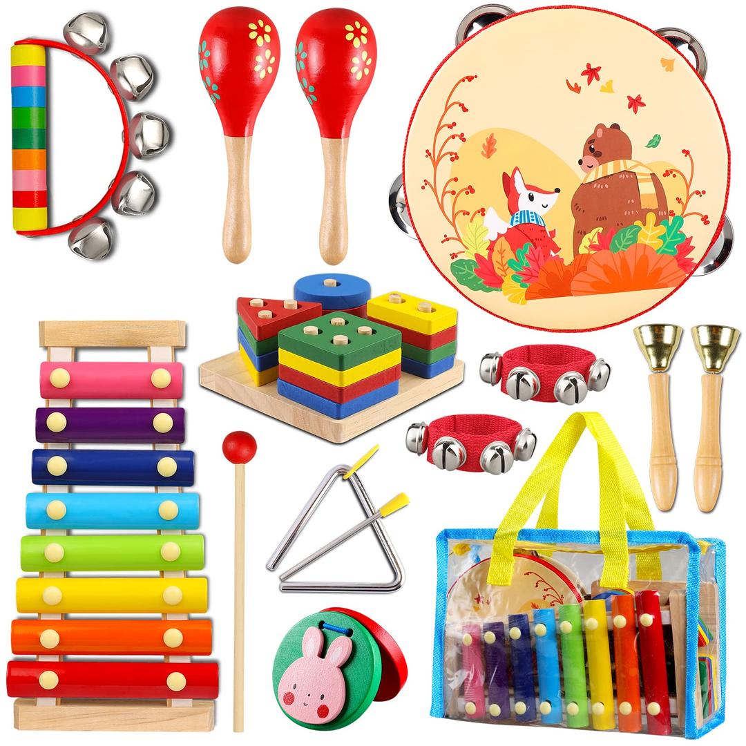 LOOIKOOS Baby Musical Toys ,Musical Instruments for Toddlers 1-3 Kids Wooden Music Shakers Percussion Instruments Tambourine Birthday Gifts Present with Carrying Bag