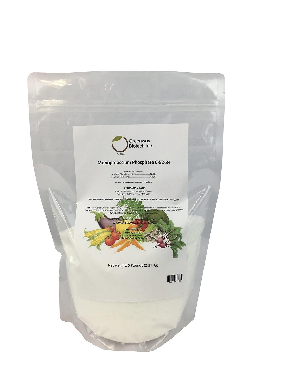 Greenway Biotech Monopotassium Phosphate Fertilizer 0-52-34-100% Water Soluble Hydroponics for Root Strength - Increase Yield and Blooming - High Purity Plant Nutrient Formula - 5 Pounds