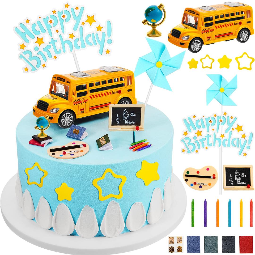 18 Pcs Car Cake Topper Teacher Cupcake Toppers School Cupcake Toppers School Bus Cute Star Windmill Pen Blackboard Book Happy Birthday Cake Toppers for Back to School Theme Birthday Party