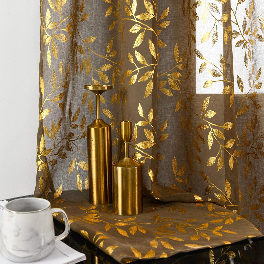 Sutuo Home Sheer Curtains 84 Inch Length 2 Panels Set, Luxury Gold Foil Printed Metallic Bronzing Leaves, Privacy Window Treatment Decor Drape Pair for Bedroom Dining Room, 52" W x 84" L, Taupe