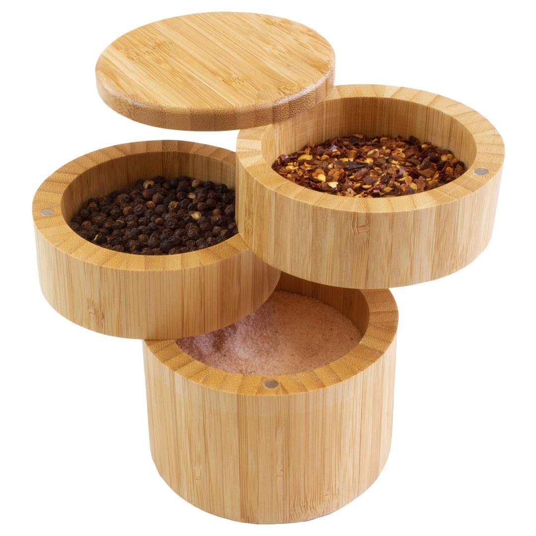 Totally Bamboo Triple Salt Cellar, 3 Tier Bamboo Kitchen Salt and Pepper Storage Box with Magnetic Swivel Lids