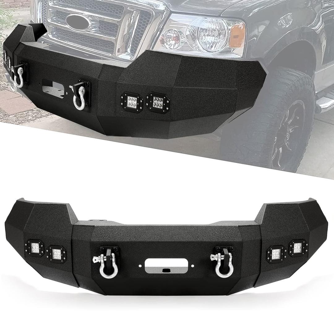 ECOTRIC Offroad Front Bumper Compatible with 2004-2008 Ford F150 W/LED Lights D-Rings Integrated Winch Mount Bumper Assembly Steel Powder Coated Black (2 Package)