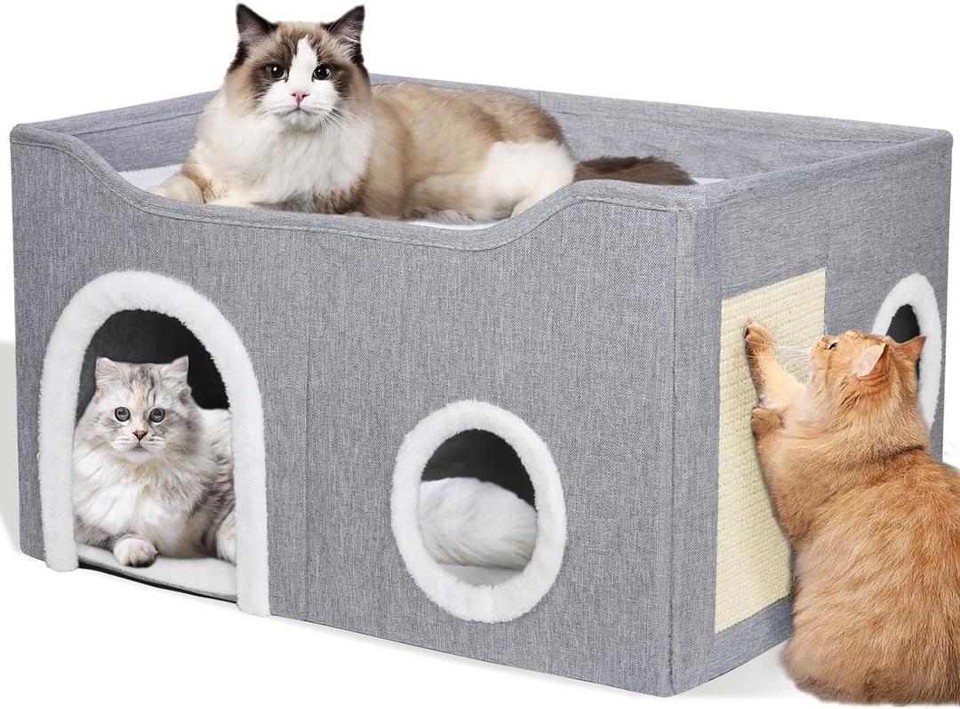 MostNowCat Beds,Large Cat Cave for Pet Cat House with Fluffy Ball Hanging and Scratch Pad,Cat Houses & Condos,cat Cubes,Cat Hideaway, Covered Cat Bed for Multi Small Pet Large Kitty (Grey, 2-Level)