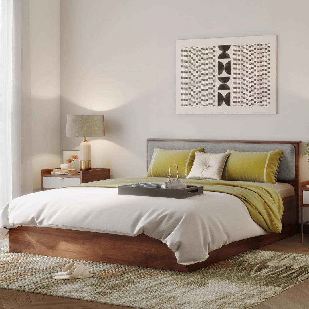 Wakefit Taurus Queen Storage Engineered Wood Bed with Omega Grey Upholstered headboard