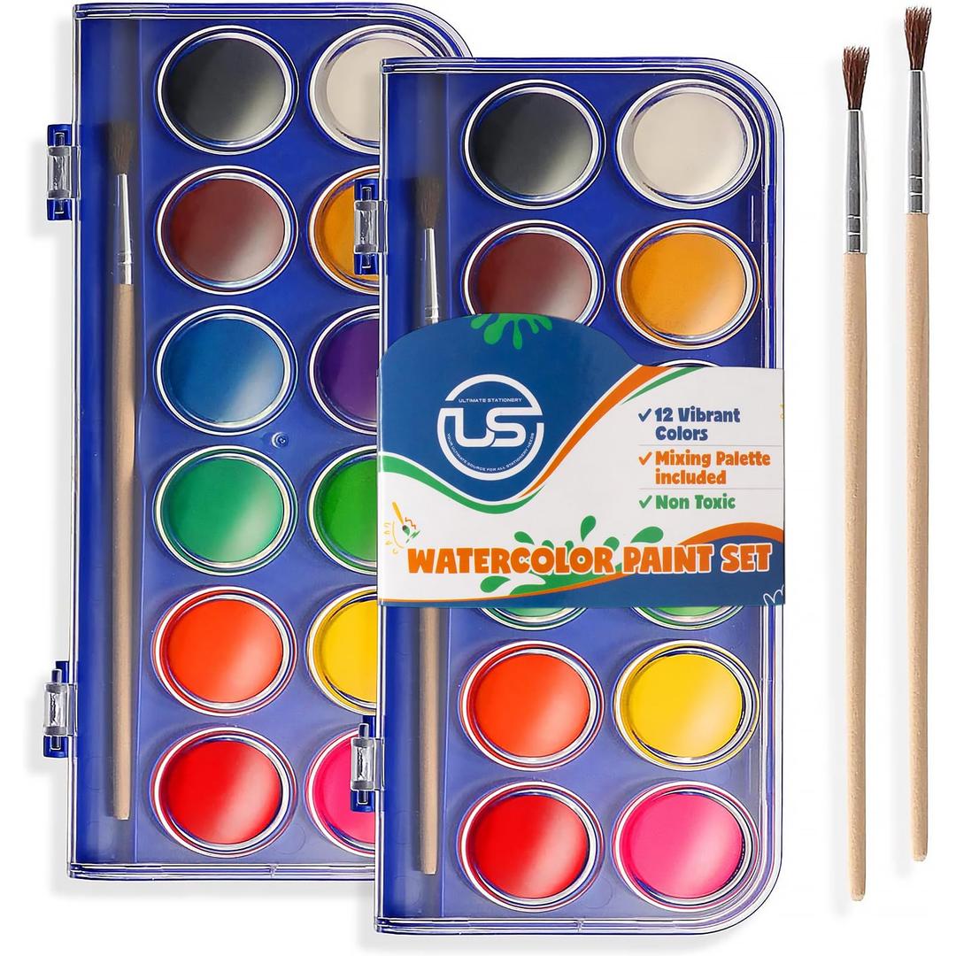 2 Pack Watercolor Paint Set 12 Vivid Colors Includes Watercolour Mixing Palette and 2 Brushes, Perfect For Artists, Beginner Painters, Kids and Adult Painting