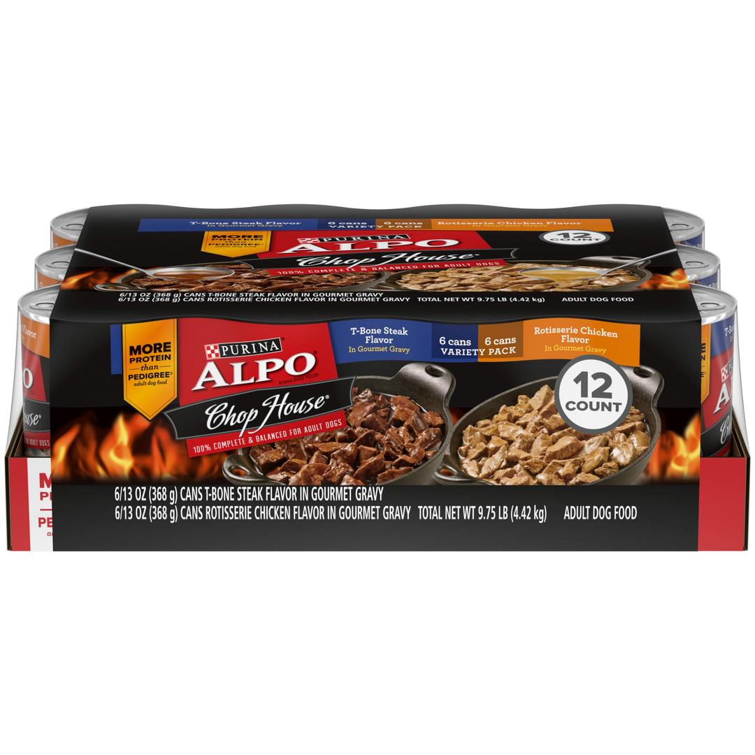 Purina ALPO Gravy Wet Dog Food Variety Pack, Chop House T-Bone Steak & Rotisserie Chicken Flavor - (12) 13 oz. Cans