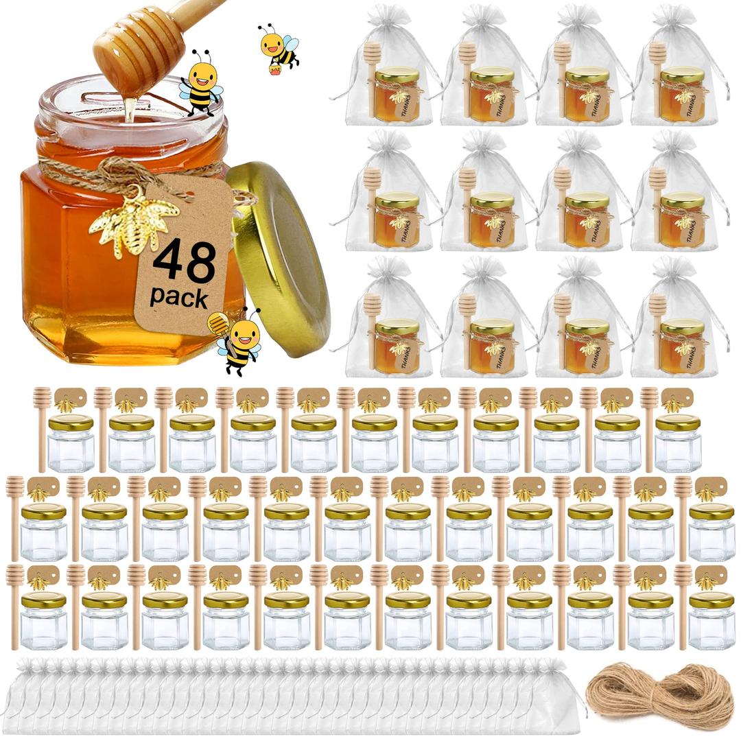 AliggbentHoney Jars,48 Pack Mini Jars Party Favors in Bulk, 1.5 oz Hexagon Small Glass with Dipper, Gold Lids, Cute Bee Pendants, Gift Bags and Jute for Baby Shower, Wedding