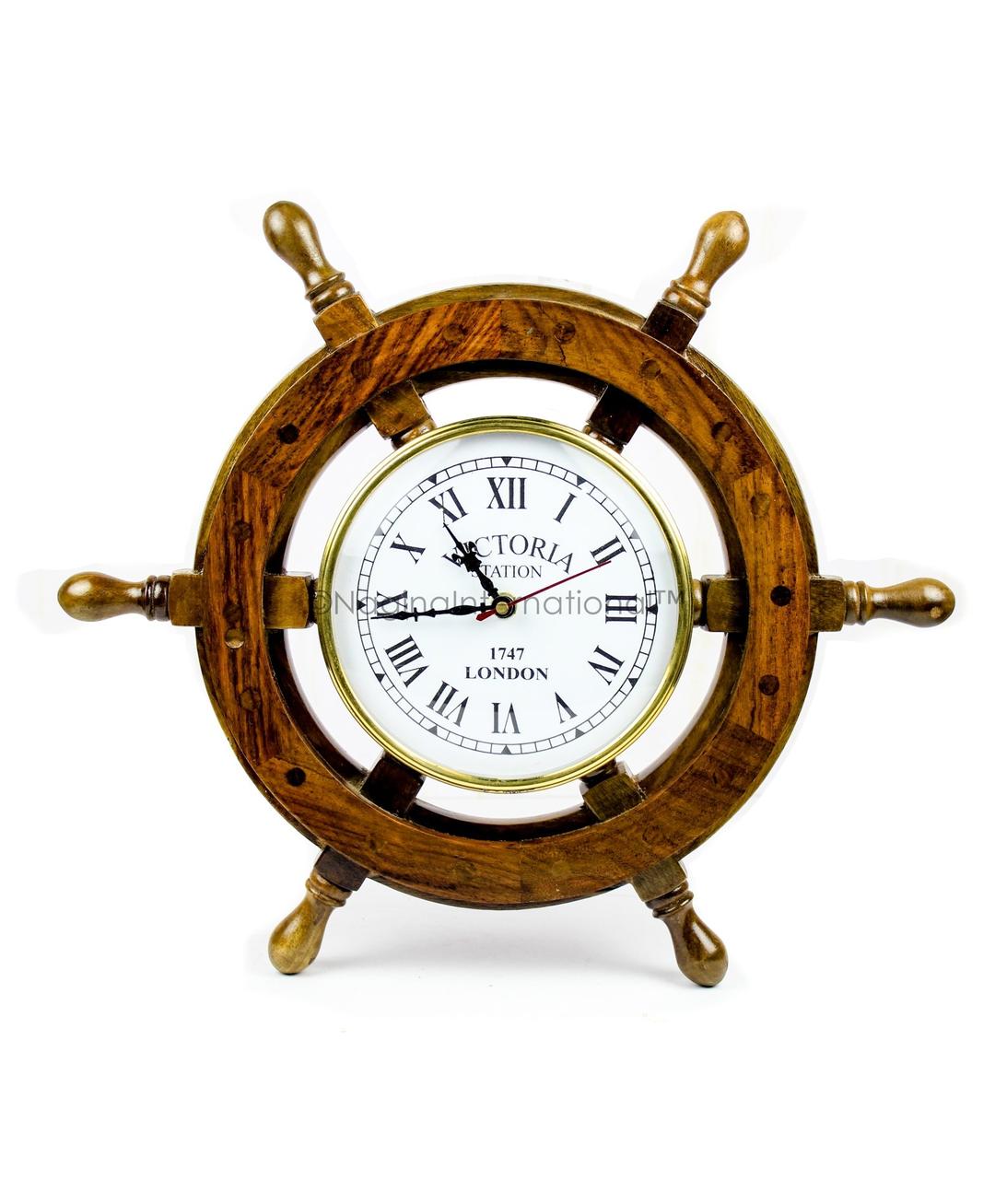 Nagina International Nautical Handcrafted Wooden Premium Wall Decor Wooden Clock Ship Wheels | Pirate's Accent | Maritime Decorative Time's Clock (12 Inches, Clock Size - 6 Inches)