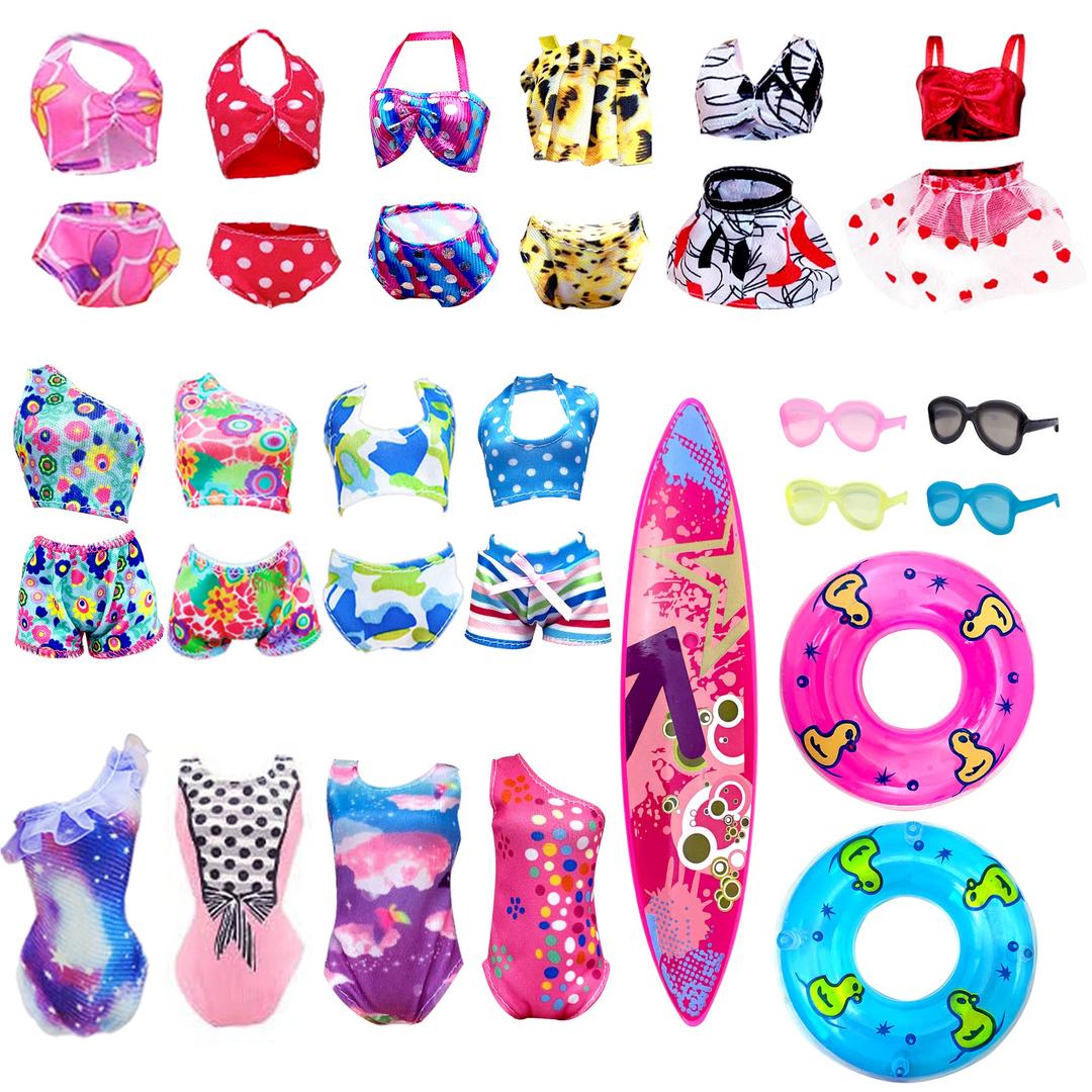 AMETUS 17 Pcs Doll Clothes and Accessories, 10x Swimsuits Bikinis, 4x Sunglasses, 2x Swimming Circle, 1x Water-skiing Board Summer Accessories for 11.5 Inch Dolls