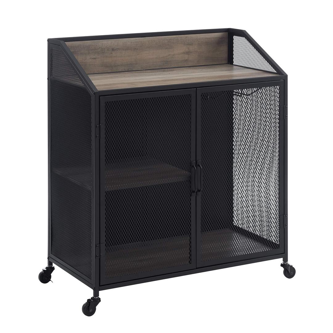 Walker EdisonMalcomb Urban Industrial Metal Mesh Double Door Rolling Bar Cabinet, 33 Inch, Grey