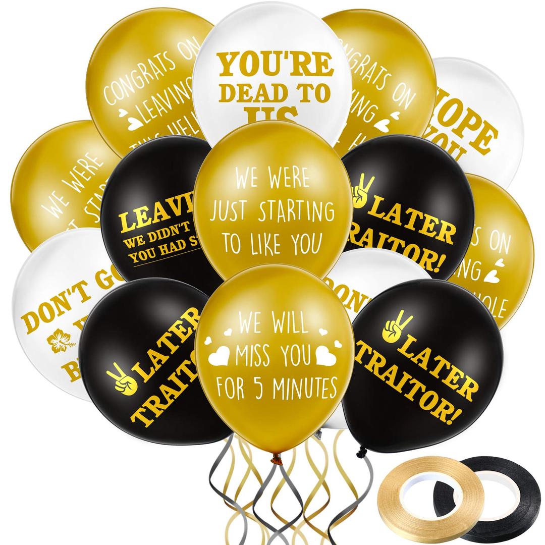 45 Pieces 12 Inch Coworker Going Away We Will Miss You Farewell Balloon funny goodbye party later traitor deco Office Balloons Retirement Latex Balloon with 2 Ribbon Colleague (Black, Gold, White)