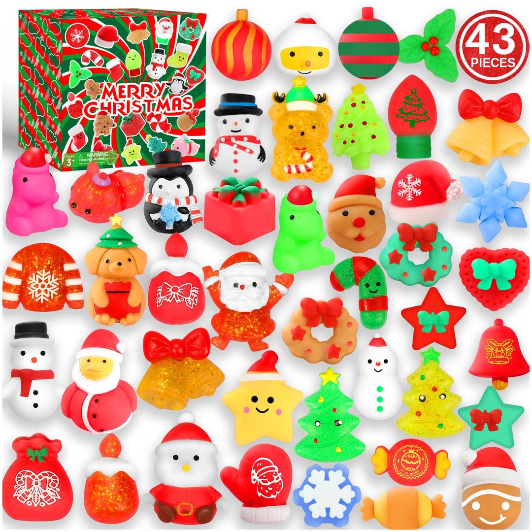 Christmas Party Favors, 43 Pcs Mochi Squishy Toys Squishies for Kids, Stress Relief Toys for Christmas Goodie Bags Treats Decorations Classroom Prizes Birthday Gift Toys Pack