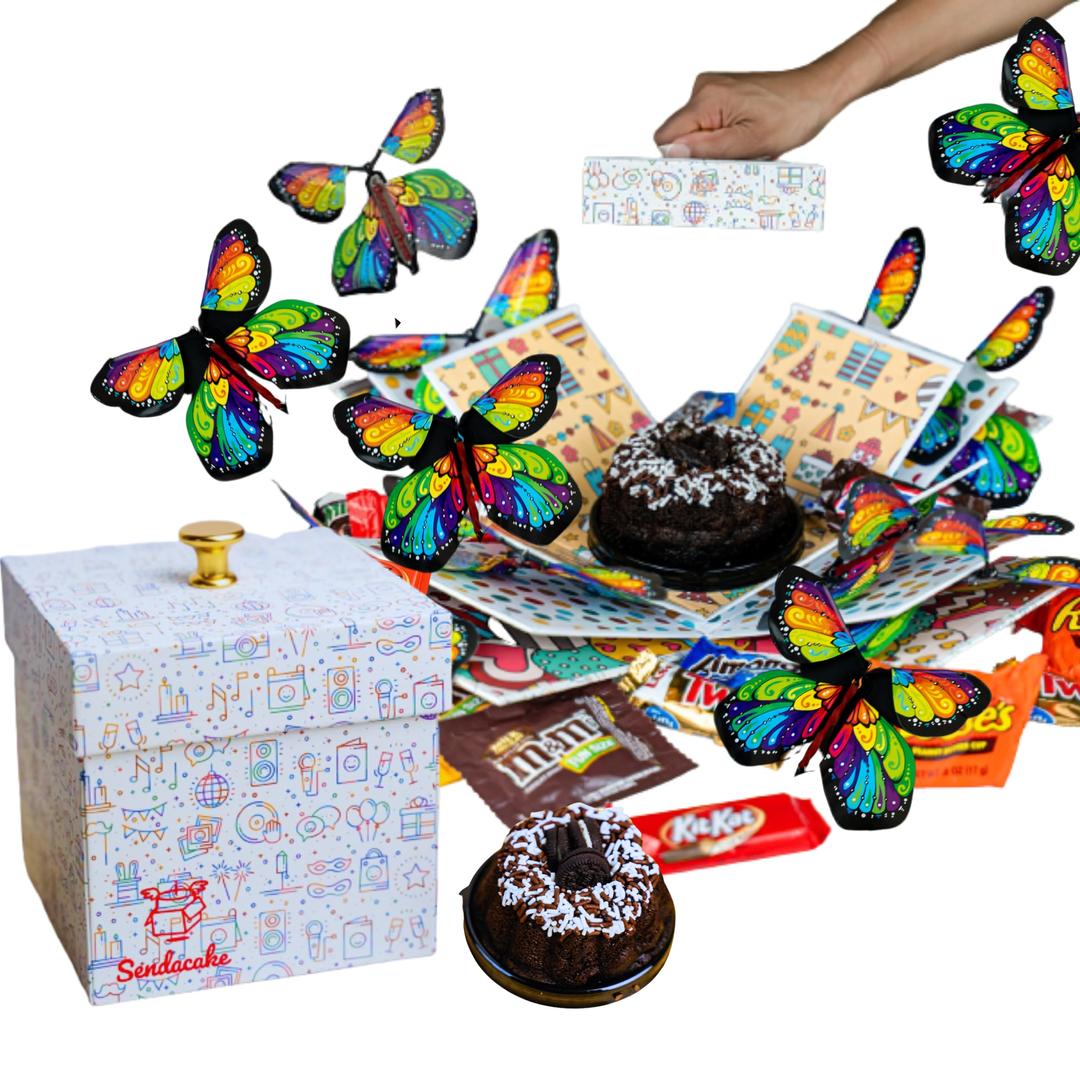 Send a Cake Explosion Box Gift with Flying Butterfly Surprise & Candy - Birthday, Holiday, Special Occasion – Birthday Treat for Women, Men, Adults, Kids