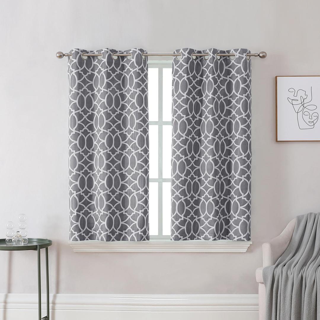 Janae Dark Grey Blackout Curtains 45 Inch Long 2 Panels Burg for Bedroom Windows, Geometric Printed Grommet Heat Blocking 100% Room Darkening Insulated Currtain Liner for Kitchen, 30" Wide