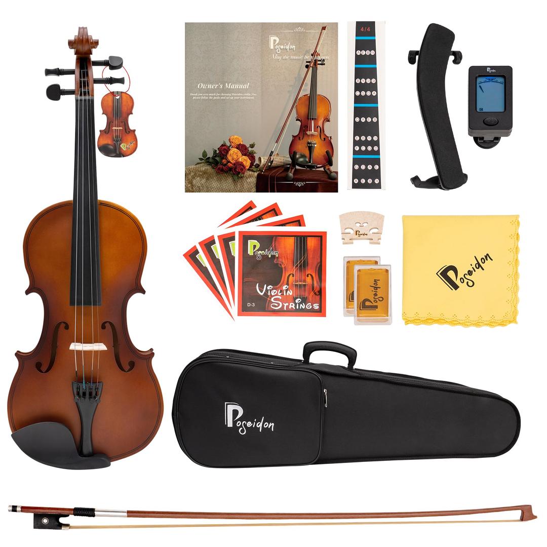 Poseidon Violin for Beginner - Premium Handcraft Violin for Kids Adults 4/4 Violin with Hard Case, Extra Bow, Extra Strings, Shoulder Rest, Rosin, Clip-on Tuners - Matte Brown LXT100-NaturalNEW44