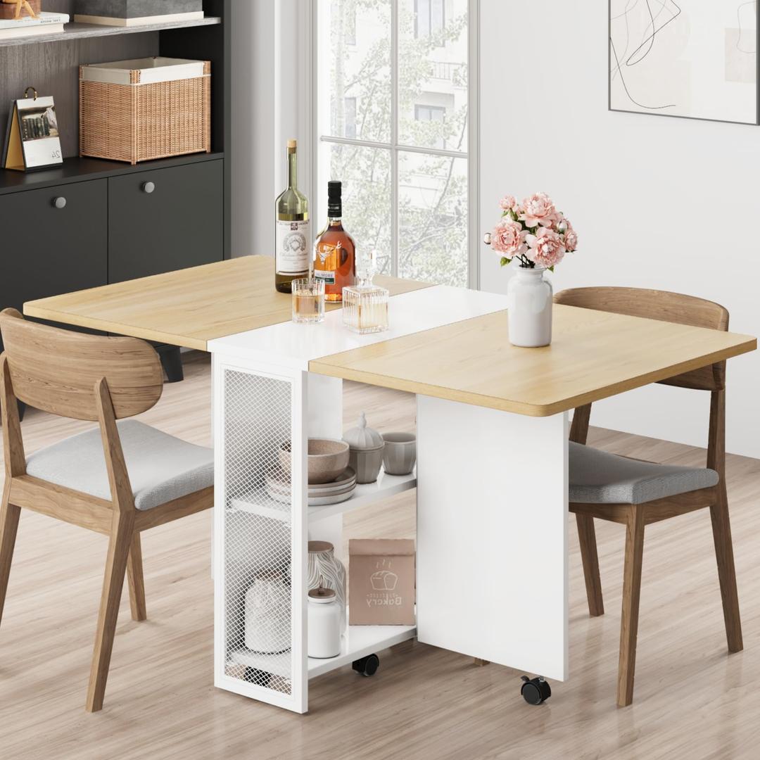 Alkmaar Folding Dining Table Drop Leaf Table for Small Spaces, Versatile Collapsible Dinner Kitchen Office Table with 4 Storage Racks, Space Saving Foldable Extendable Desk Dinning Room Furniture