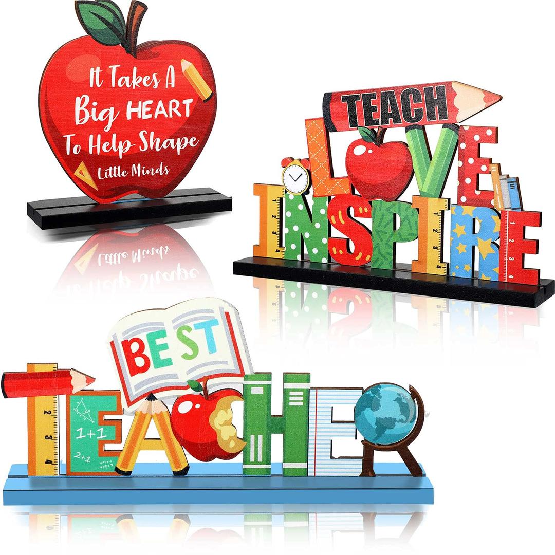 Teacher Appreciation Table Centerpieces Best Teacher Sign Table Decorations for Student to Teacher Home Decor Classrooms Desks Teaching Wooden Signs Topper (3 Pack)