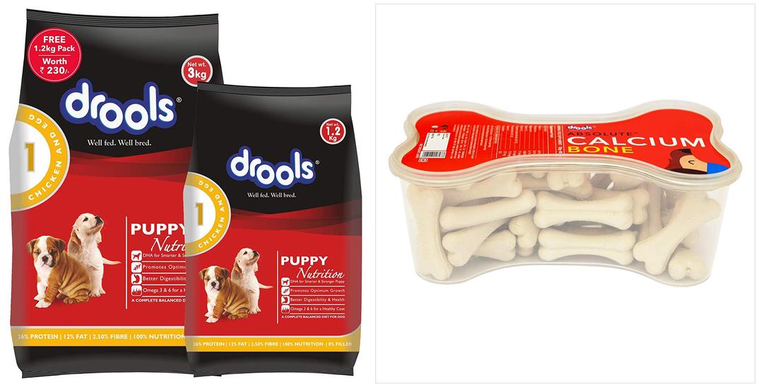 Drools Chicken and Egg Puppy Dog Food, 3 kg with Free 1.2 kg and Absolute Calcium Bone Jar, Dog Supplement - 40 Pieces (600gm)