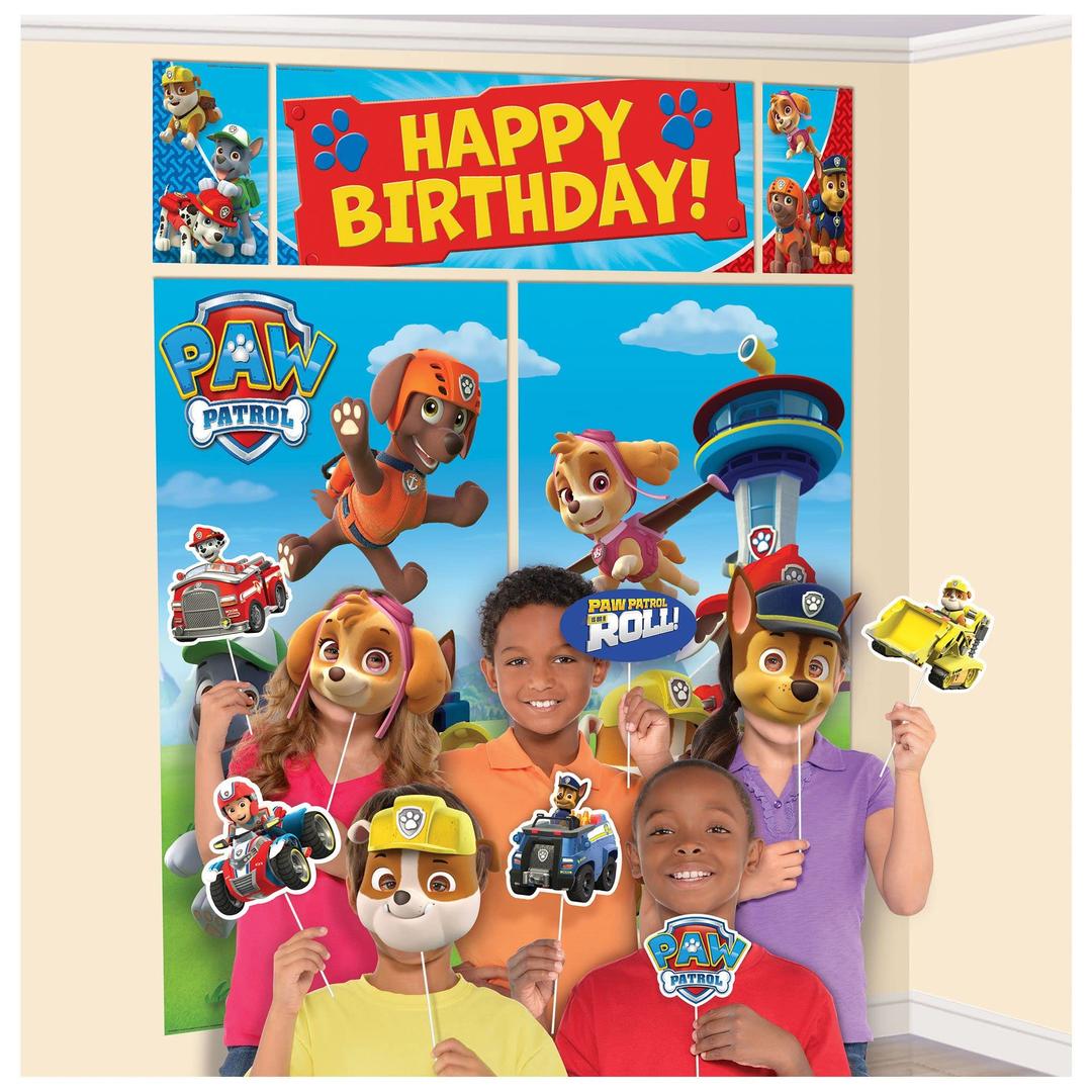 Amscan Happy Birthday Paw Patrol Banner, Scene Setter Wall Decorations with 12 Photo Props