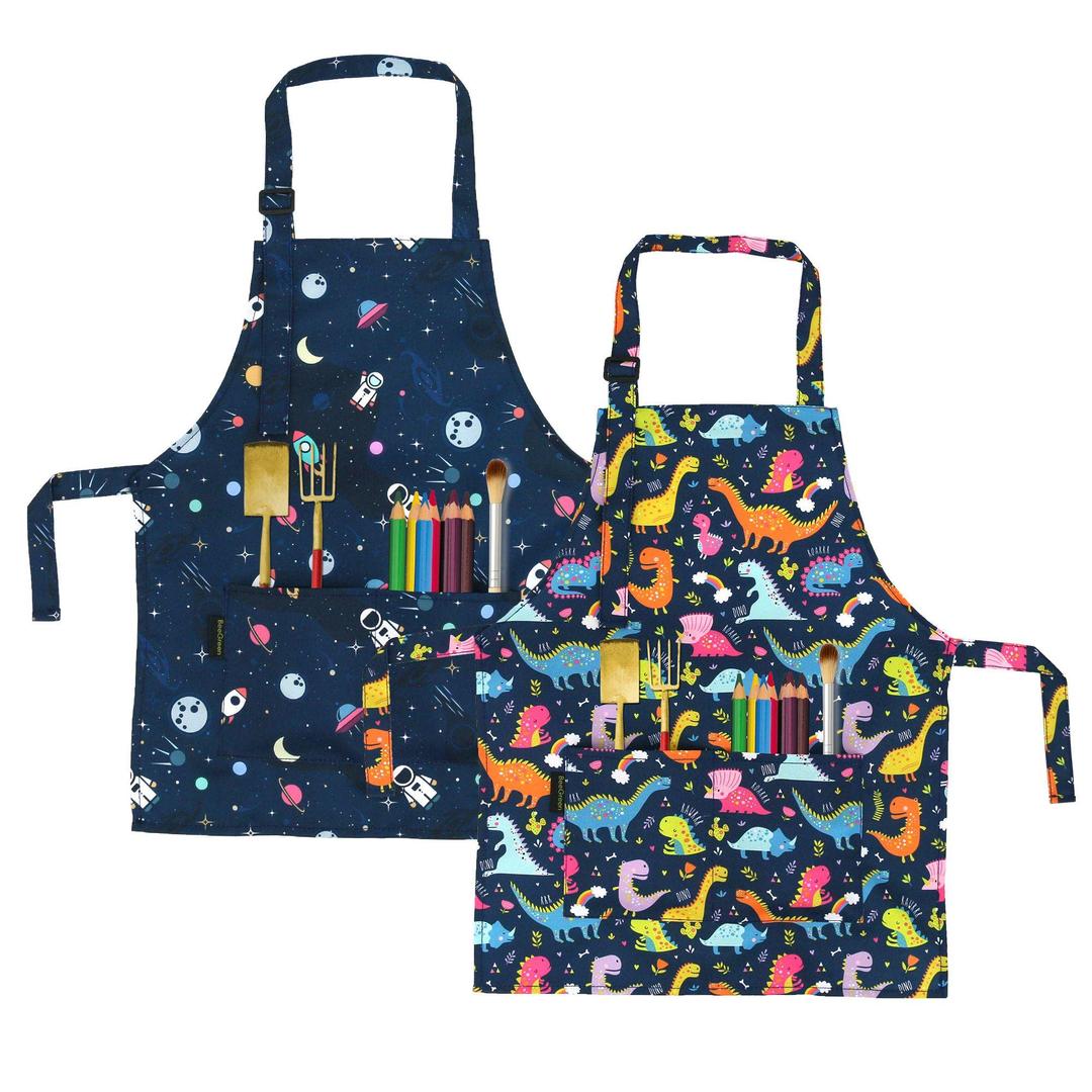 BeeGreen Kids Apron 2 Pack Cooking Aprons with Adjustable Strap Kids Kitchen Aprons with Front Pocket for Girls Toddler Painting Baking Artist Washable Foldable Lightweight ( Dinosaurs+Space Planets)