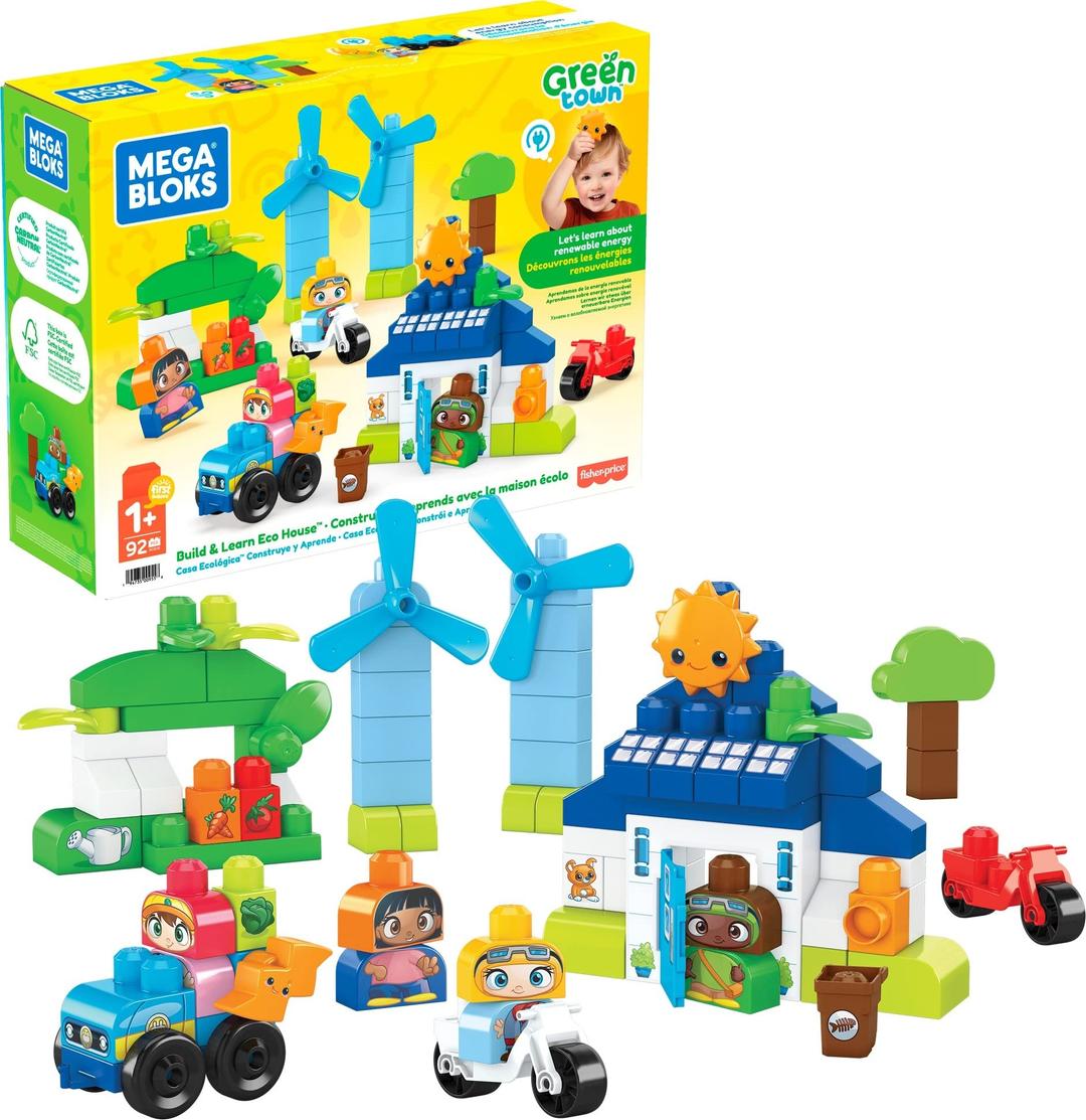 Mega BLOKS Fisher-Price Toddler Blocks Toy Set, Green Town Build ‘n Learn Eco House with 88 Pieces, 4 Figures, Ages 1+ Years