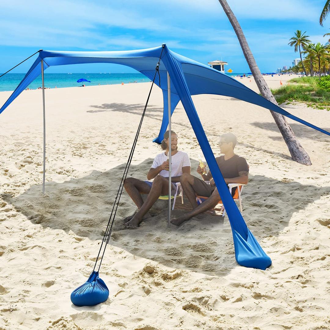 ELUTENG Beach Tent Sun Shelter with 2 Aluminum Poles UPF50+ with Sand Shovel, Ground Pegs and Stability Poles, Outdoor Shade Pop Up Beach Tent for Camping Trips Fishing Backyard Picnic