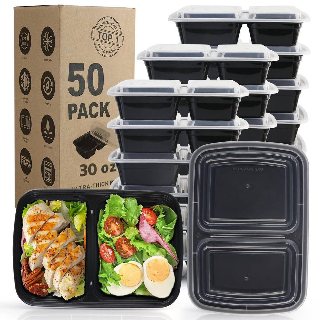 WGCC Meal Prep Containers 2 Compartment- 50Pack 30OZ Food Prep Containers With Lids, Disposable To Go Food Containers, Take Out, Stackable, Leakproof & Food Safe, Microwave, Freezer, Dishwasher Safe