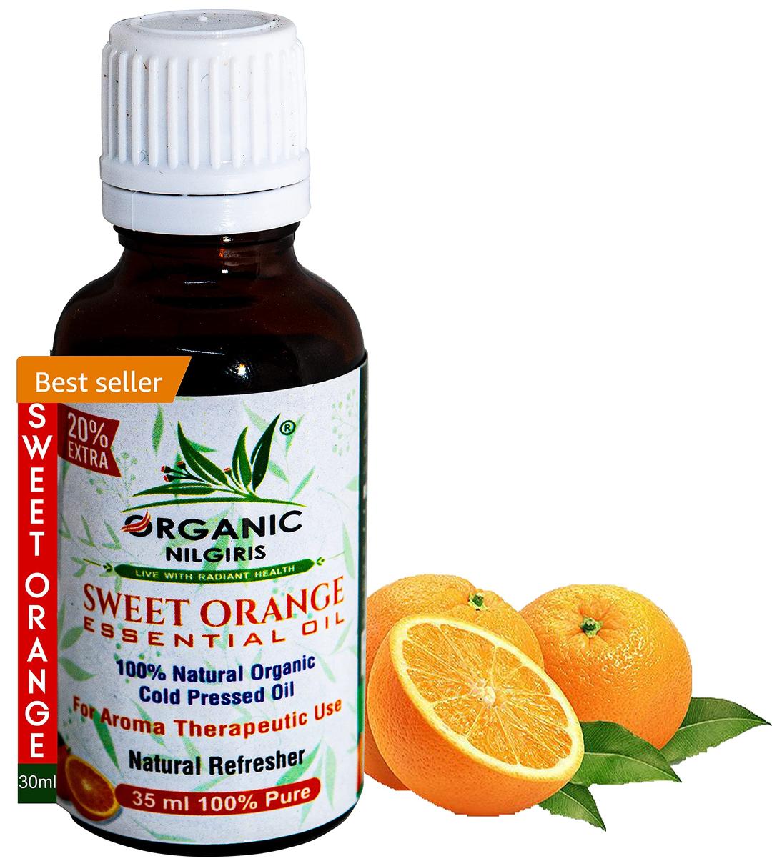 ORGANIC NILGIRIS - Live with Radiant Heath 100% pure Sweet orange oil for face with Vitamin E, Relaxation, orange oil for face, aroma oils orange oil Therapeutic Grade essential oils for skin, 15ML