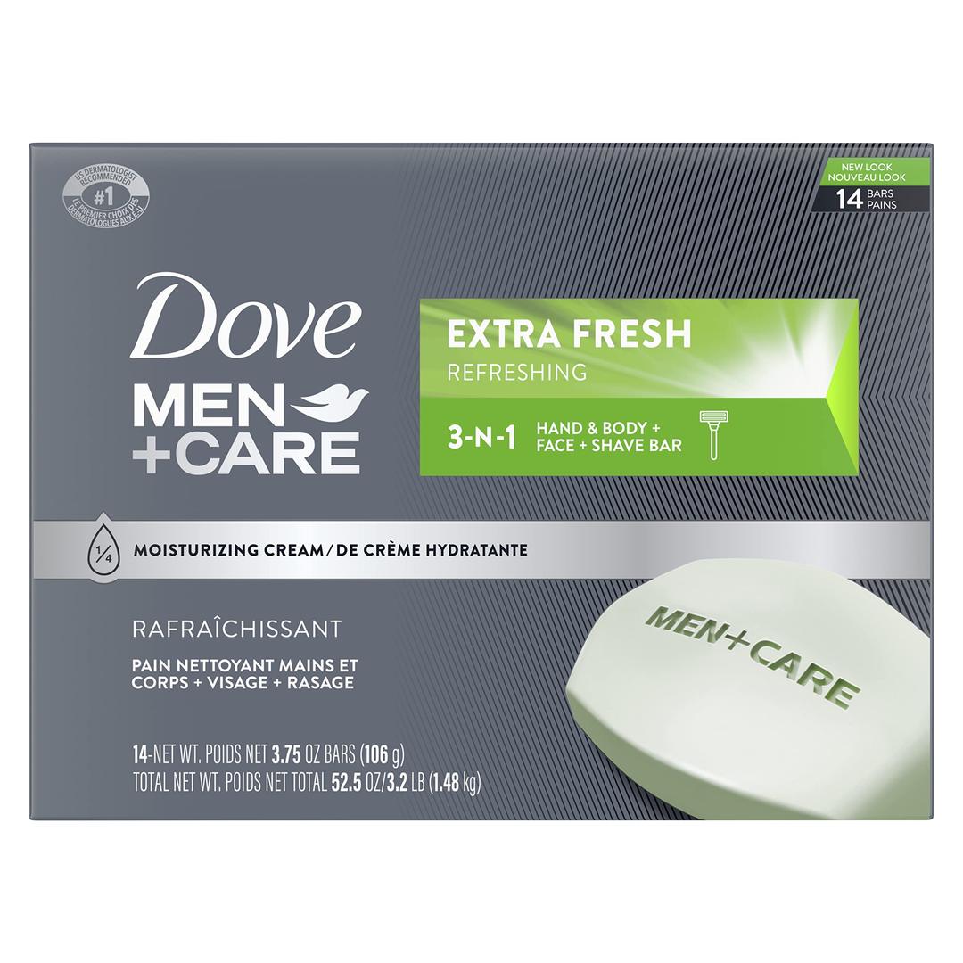 DOVE MEN + CAREBar 3 in 1 Cleanser for Body, Face, and Shaving to Clean and Hydrate Skin Extra Fresh Body and Facial Cleanser More Moisturizing Than Bar Soap 3.75 oz, 14 Count (Pack of 1)