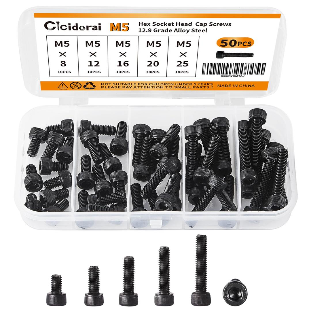 M5 x 8mm 12mm 16mm 20mm 25mm Hex Socket Head Cap Screws Bolts, 12.9 Grade Alloy Steel, Fully Threaded, Black Oxide Finish, Allen Socket Drive, Assortment Kit 50Pcs