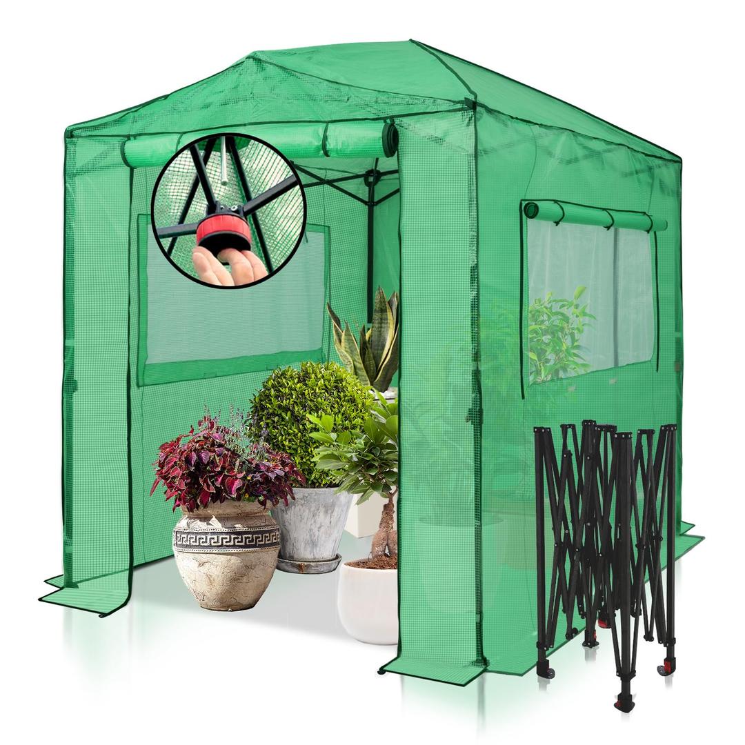 EAGLE PEAK 8x6 Portable Walk-in Greenhouse, Pop-up Indoor Outdoor Garden Green House, Zippered Doors and Windows, PE Cover, Green