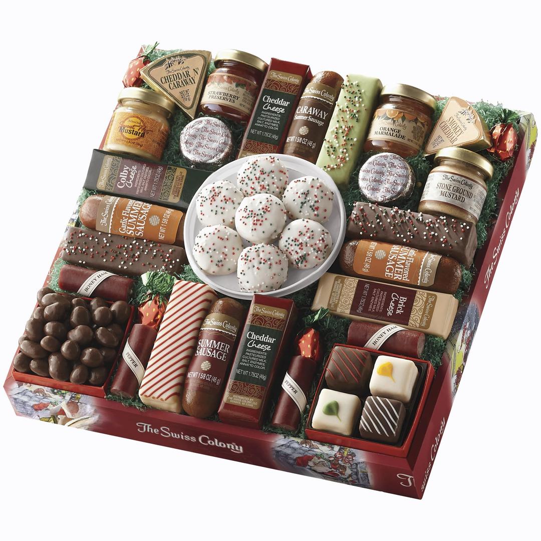 The Swiss Colony 27 Favorites Food Gift Set, Summer Sausage Meats and Cheeses, Assorted Chocolates, Candies, Petits Fours, Gift Basket, Holiday, Christmas, Thank You Gifts, Adults, Women, Men - Holiday Red Box