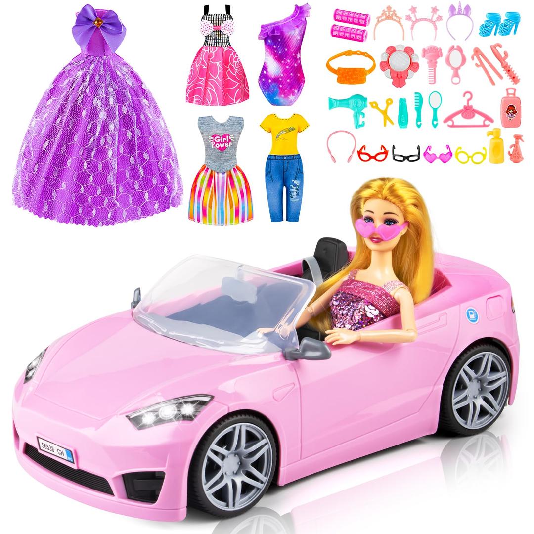 76 Pcs Doll & Convertible Car Playset,Included 11.5 In Doll,Doll Car,Princess Dresses,Fashion Dresses,Casual Clothing,Swimsuits,Bags,Shoes,Doll Playset,Doll Dress up Toys for Girls Kids Toddlers Gifts