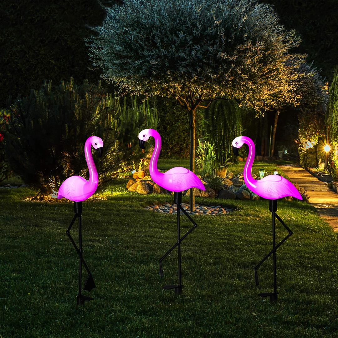 Mudder 3 Pieces Flamingo Solar Lights Outdoor Pink Flamingo Yard Waterproof Flamingo Stake Lights Solar Decorations Lawn Garden Ornaments for Christmas Patio Pond Ground Backyard Decor