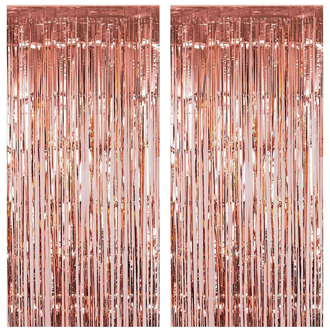 Fecedy 2pcs 3ft x 8.3ft Rose Gold Metallic Tinsel Foil Fringe Curtains Photo Booth Props for Birthday Wedding Engagement Bridal Shower Baby Shower Bachelorette Holiday Celebration Party Decorations