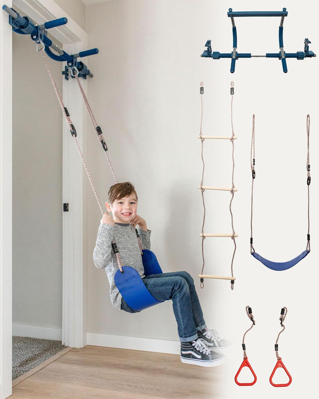 Gym1 2-Piece Deluxe Indoor Doorway Swing & Pull-Up Bar Set for Kids & Adults | Professional Grade Steel Holds Upto 300 Lbs | 2 in 1 Set for Indoor Fun & Fitness - Blue