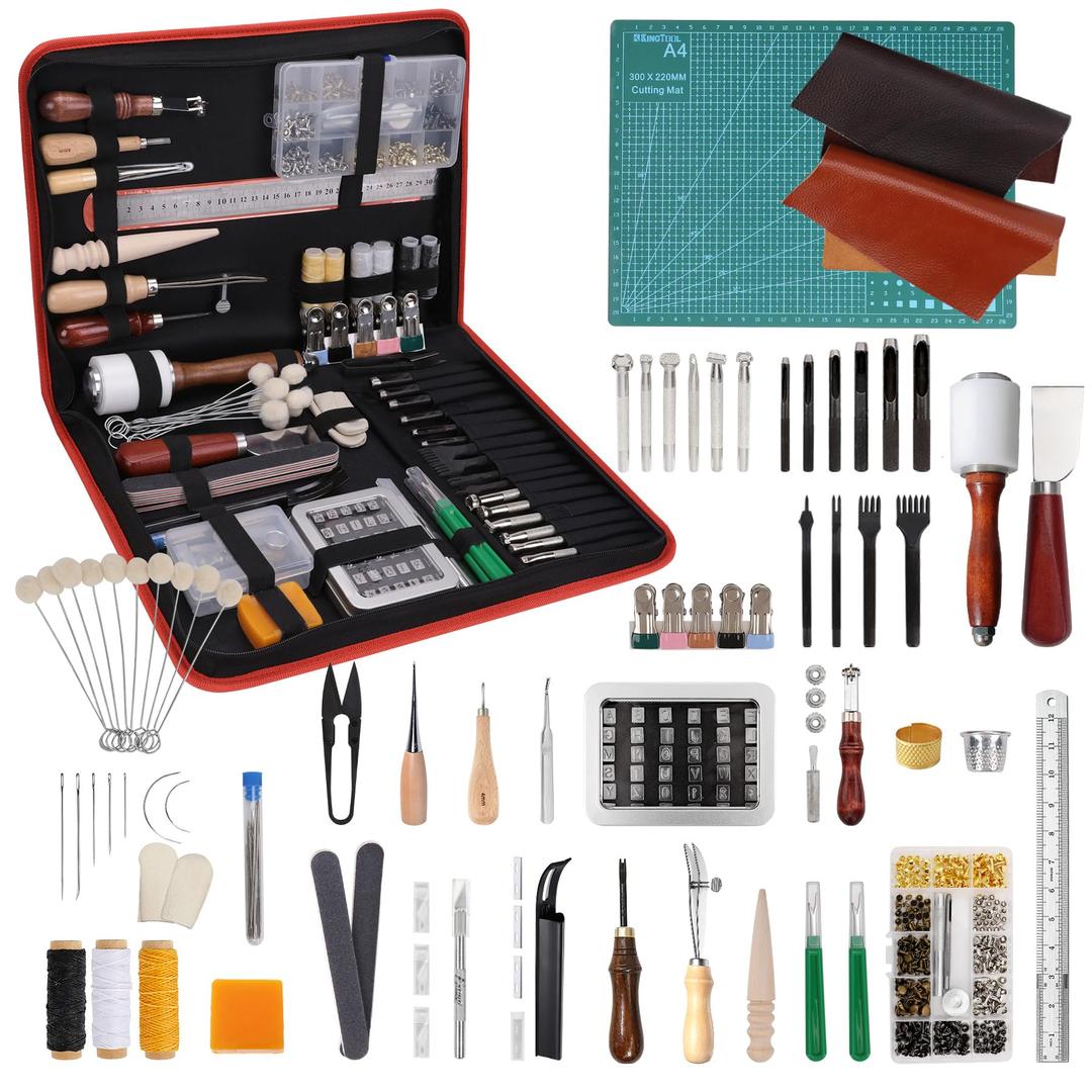 386 pcs Advanced Leather Sewing Tools and Supplies with Carrying Organizer Cutting Mat Stamping Tools Needles Snaps and Rivets Kit Perfect for Stitching Punching Cutting Sewing Leather Craft Making