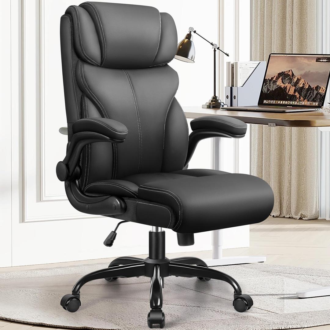 Office Chair, Ergonomic Big and Tall Computer Desk Chairs, Executive Breathable Leather Chair with Adjustable High Back Flip-up Armrests, Lumbar Support Swivel PC Chair with Rocking Function