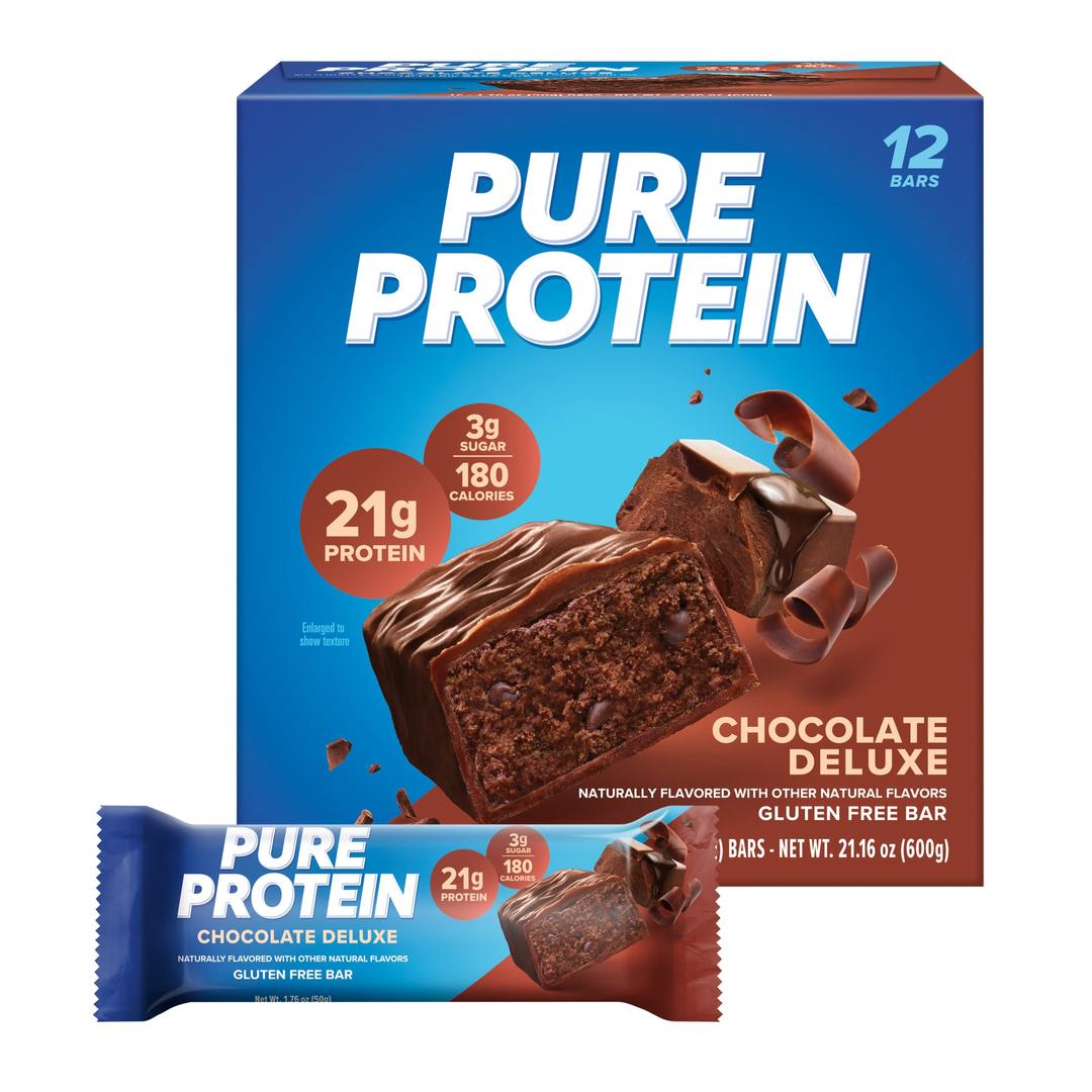 Pure ProteinBars, High Protein, Nutritious Snacks to Support Energy, Low Sugar, Gluten Free, Chocolate Deluxe, 1.76 oz., 12 Count(Pack of 1) (Packaging may vary)